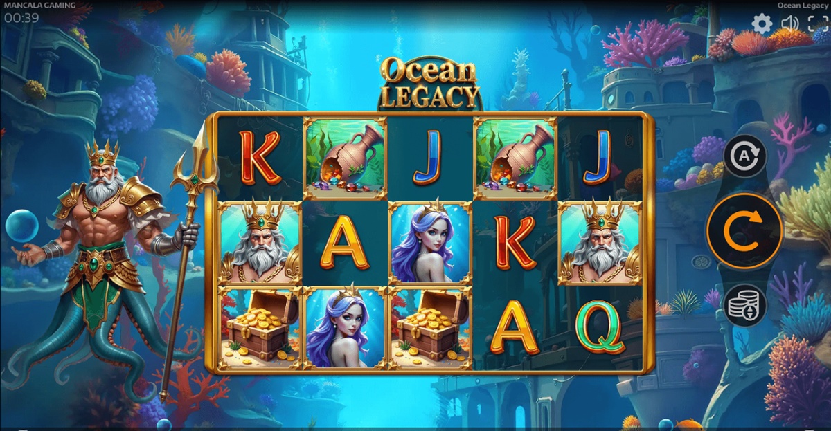 Ocean Legacy opening screen with a cartoon Poseidon welcoming players to the slot